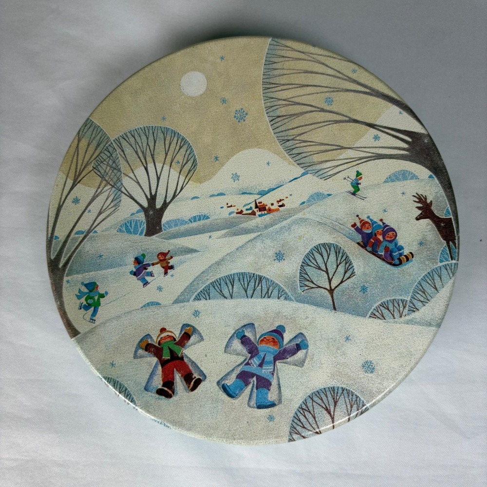 Vintage Winter Wonderland Metal Cookie Tin Snow Angels Sledding Scene Blue Base